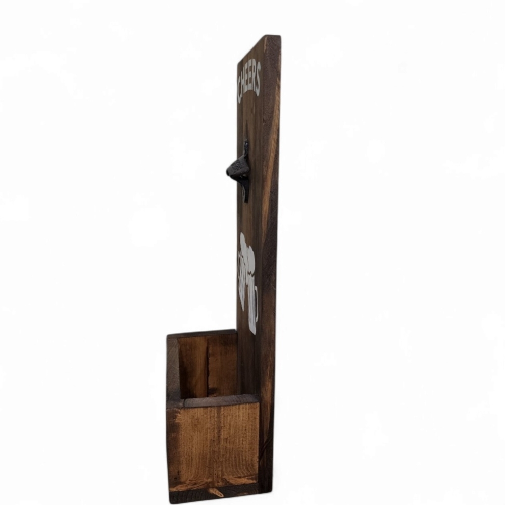 Rustic Wooden Wall Mounted Bottle Opener with Cap Catcher - Picture 5 of 6